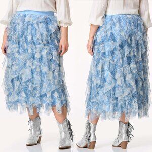 Plus Size 26/28 Cato Blue & White Paisley Floral Mesh Ruffled Midi Skirt NWT